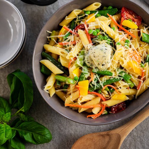 Pasta Primavera made with Epicurean Butter Garlic Parmesan Flavored Butter