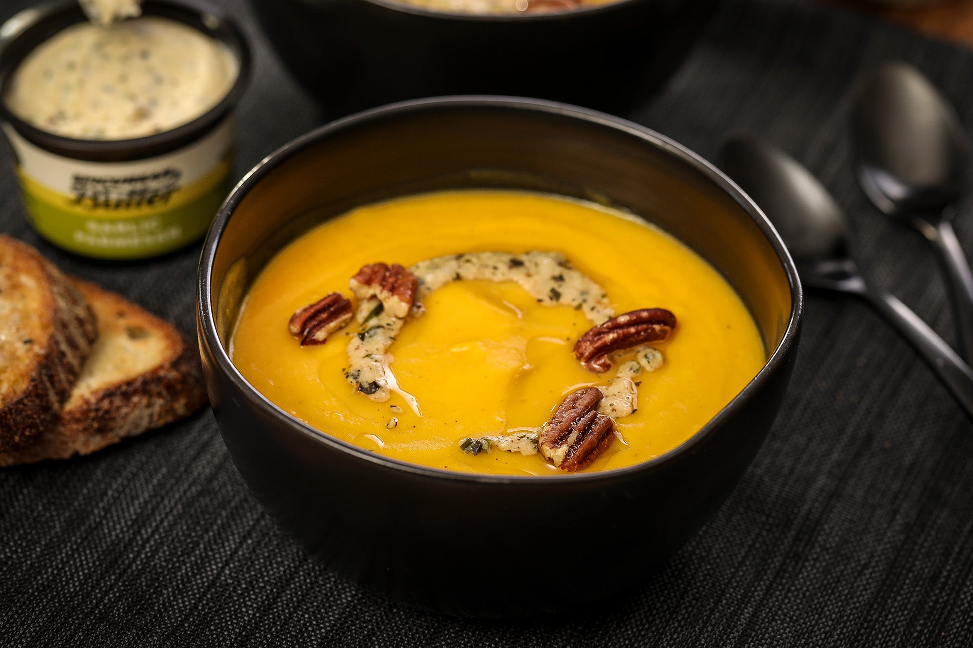 Butternut Squash Soup with Epicurean Butter Garlic Parmesan Flavored Butter