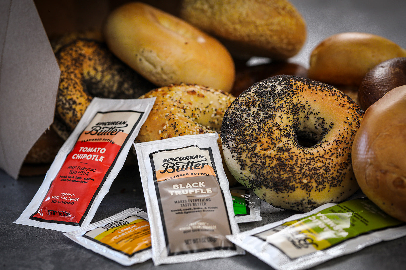 Bagels with Epicurean Butter squeeze packets