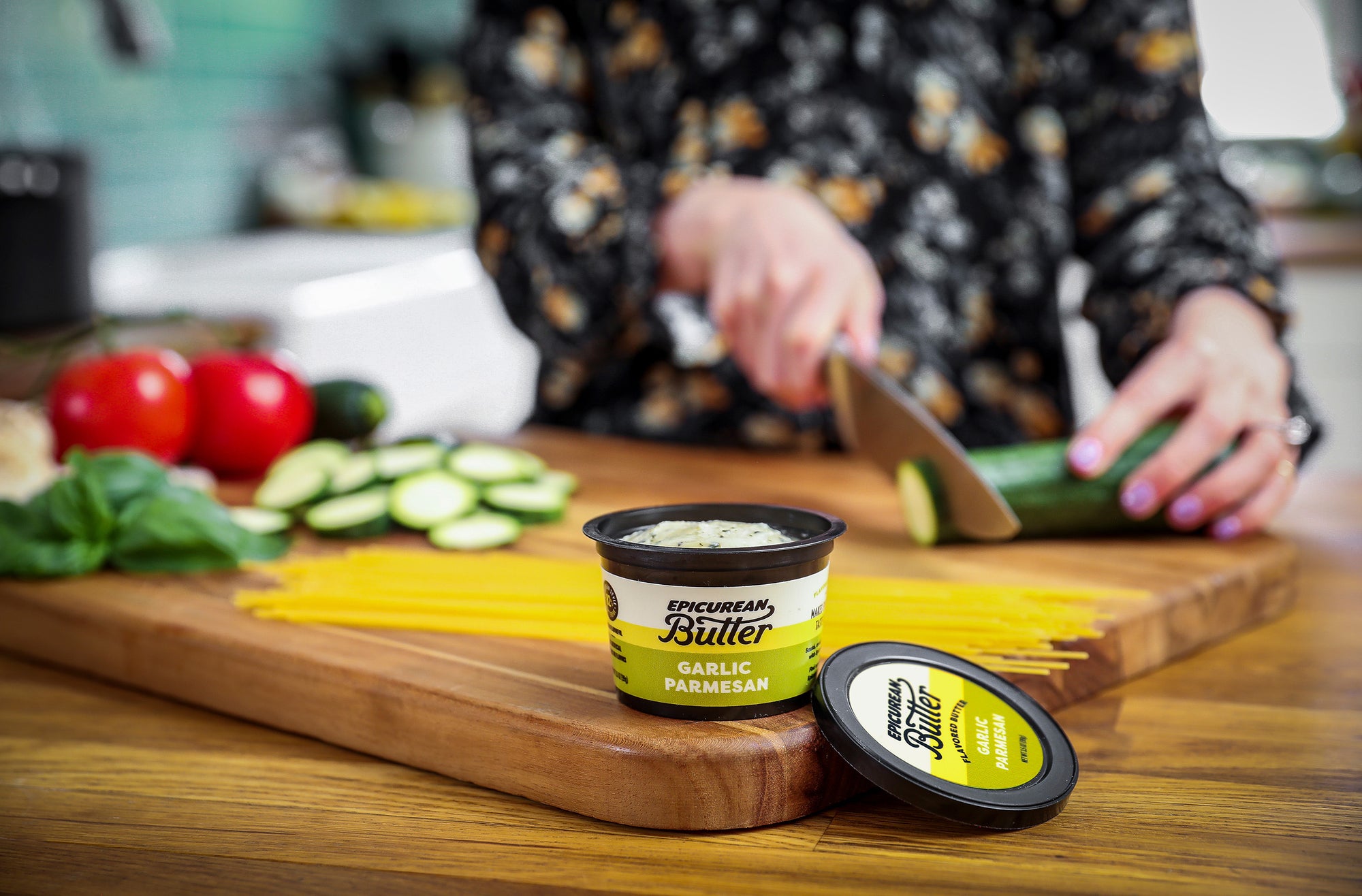 Cooking in kitchen with Garlic Parmesan Flavored Butter