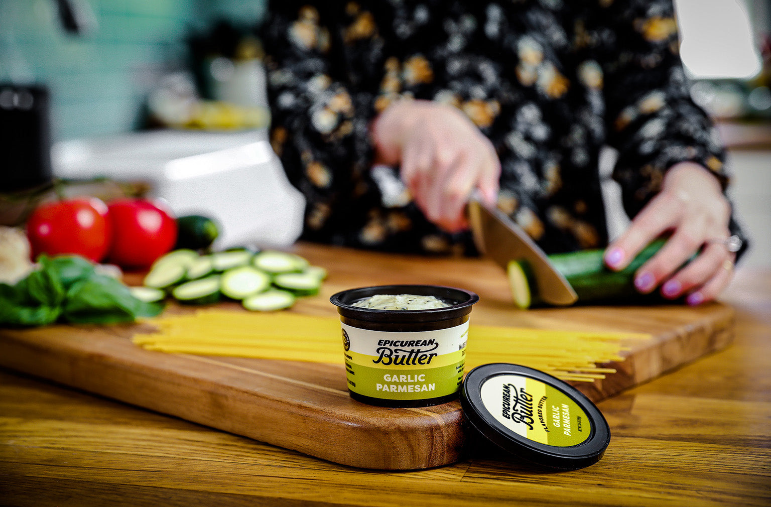 Cooking at home with Epicurean Butter Garlic Parmesan Flavored Butter