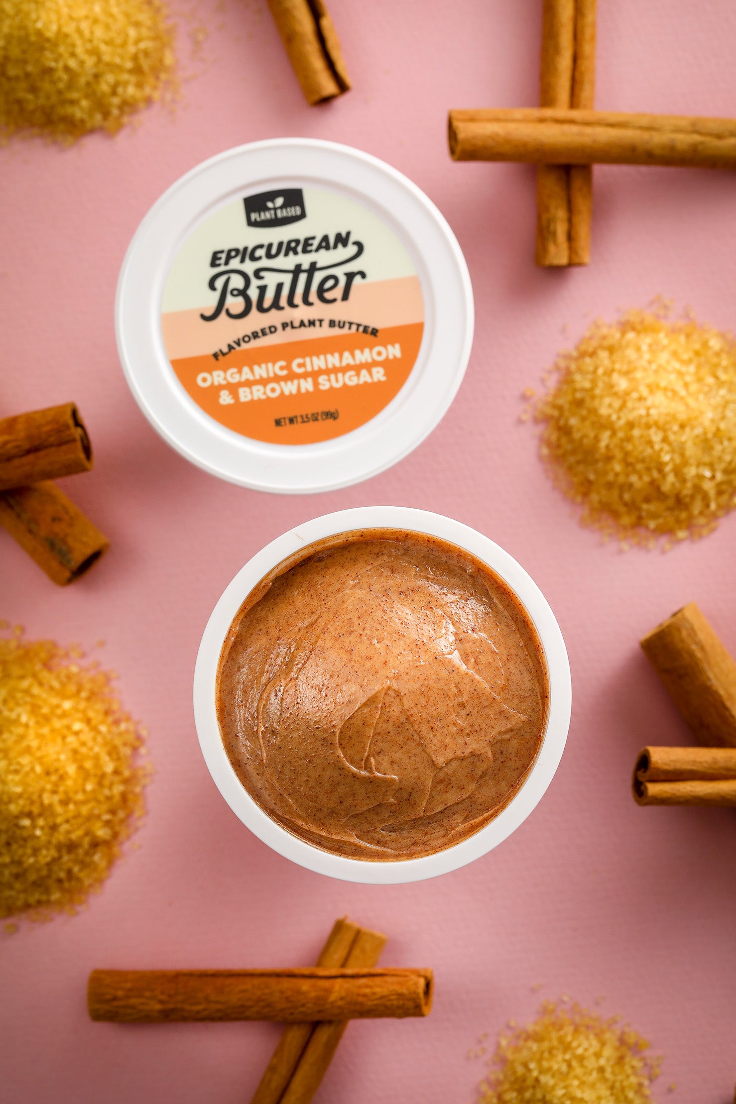 Organic Cinnamon & Brown Sugar Flavored Plant Butter tub with ingredients