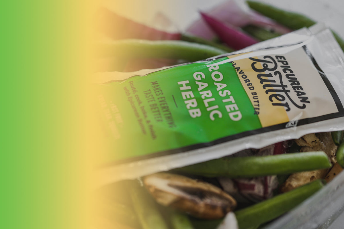 1 oz Epicurean Butter Roasted Garlic Herb squeeze packet with fresh cut veggies