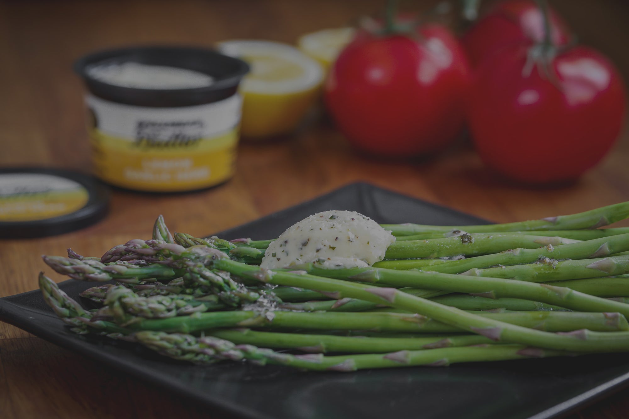 Asparagus finished with Epicurean Butter Lemon Garlic Herb Flavored Butter