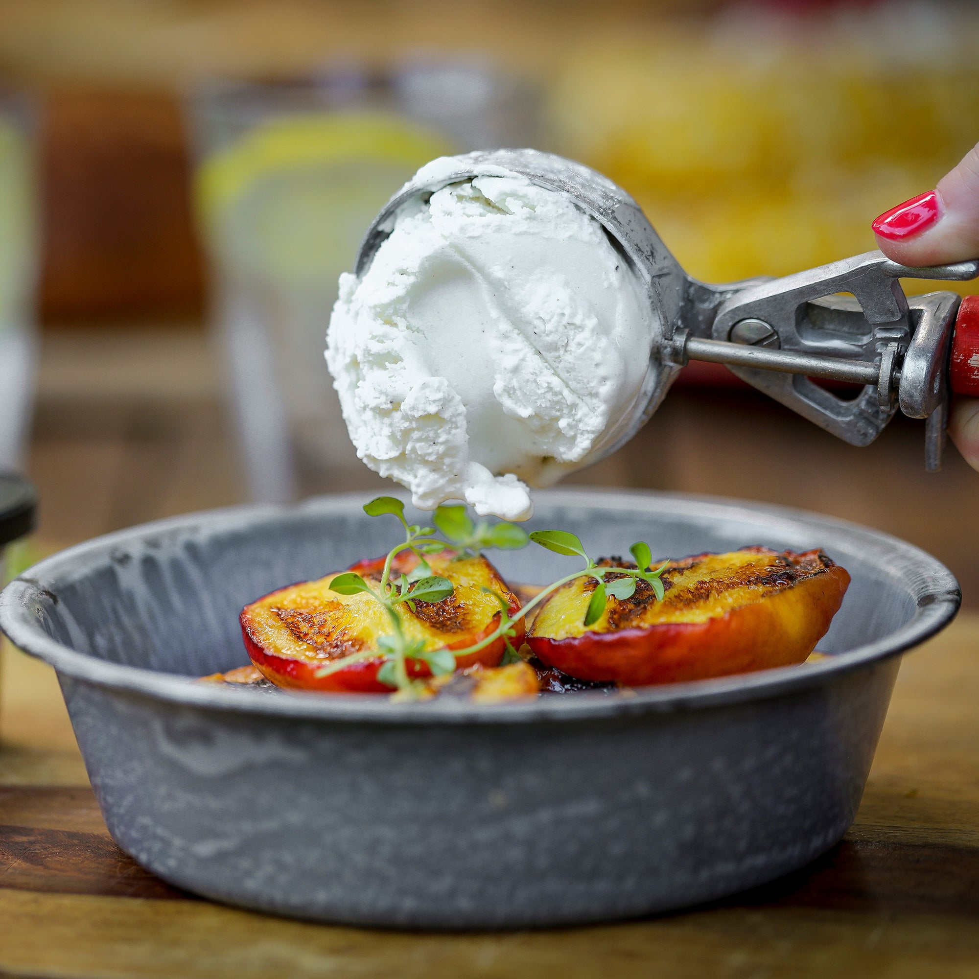 Grilled Peaches brushed with Epicurean Butter Honey Flavored Butter